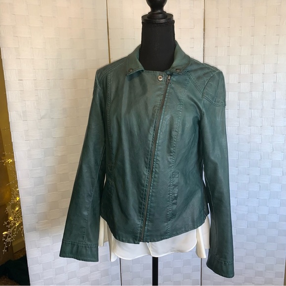 Anthropologie Fayette Vegan Leather Jacket Teal Boho Peplum Women’s Size 12 - Picture 3 of 15